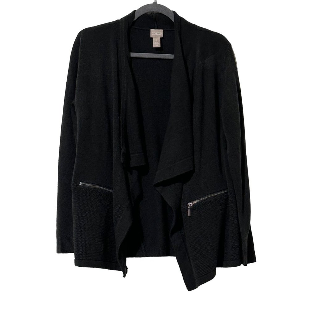 Chico’s size 1(M/8) black waterfall zip pockets long sleeve open cardigan FLAW
